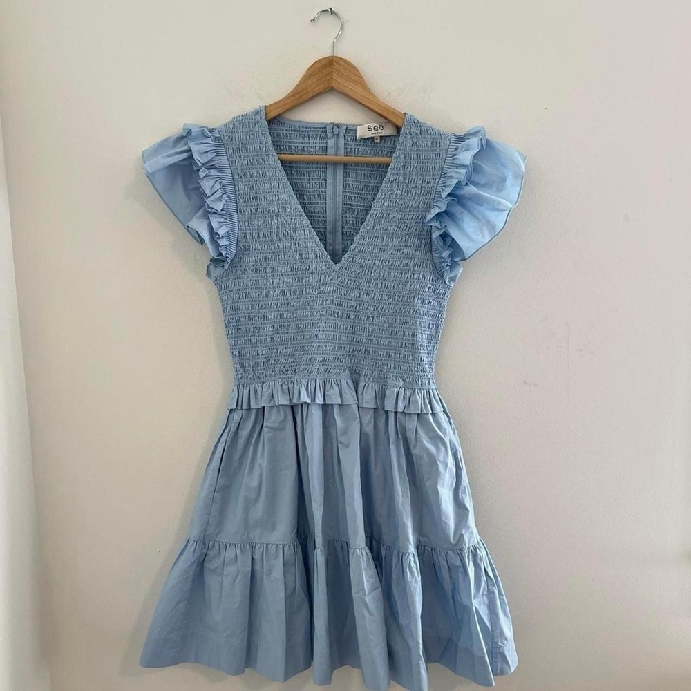Sea NY Women’s Phoebe Blue Smock V-Neck Fit & Flare Mini Dress with Pockets Sz10